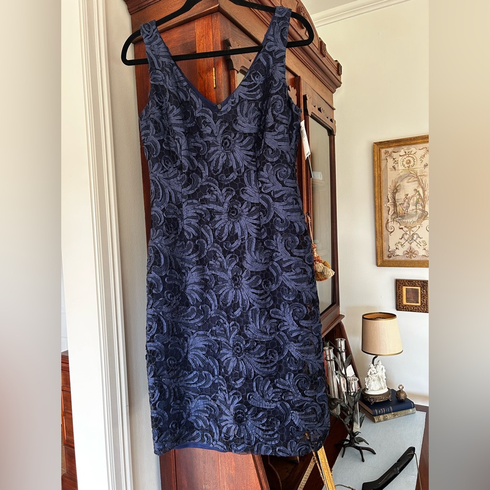 David Meister Midnight Blue Navy Cocktail Dress V Neck NWT Sz 4